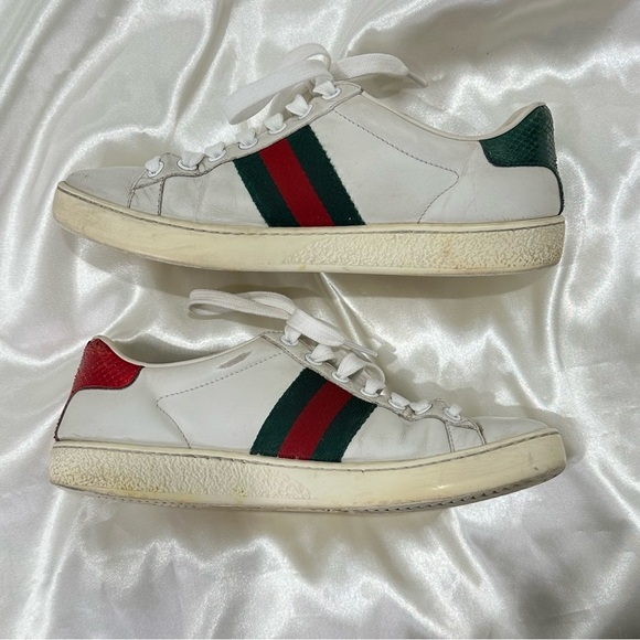 Gucci Ace Embroidered Sneakers White Leather Web Stripe Bee Green Red Size 5.5 - Picture 13 of 14